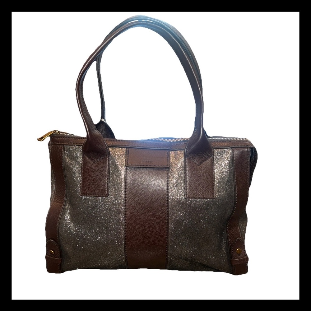 Fossil Gwen ZB6996 Satchel Shimmer Pewter & Brown Leather Zip Top Shoulder Bag